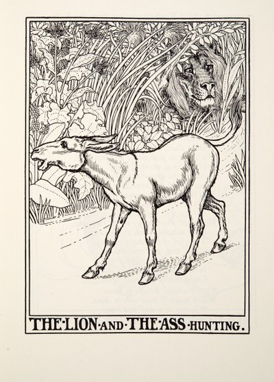 Az oroszlán és a szamárvadászat, a Fontaine Fables-től, pub. 1905 alkotó: Percy J. Billingshurst