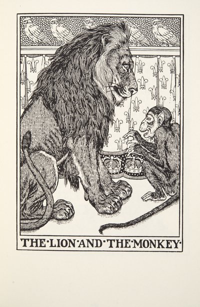 Az oroszlán és a majom, a Fontaine Fables, kocsma. 1905 alkotó: Percy J. Billingshurst