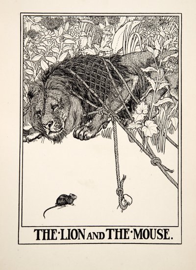 Az oroszlán és az egér, A Hundred Fables of Aesopus, pub.1903 alkotó: Percy J. Billingshurst