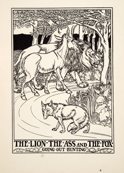 Az oroszlán, a szamár és a róka vadászni készül, A Hundred Fables of Aesopus, pub.1903 (metszet) alkotó: Percy J. Billingshurst