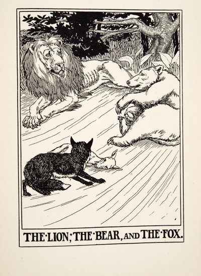 Az oroszlán, a medve és a róka, A Hundred Fables of Aesopus, pub.1903 alkotó: Percy J. Billingshurst