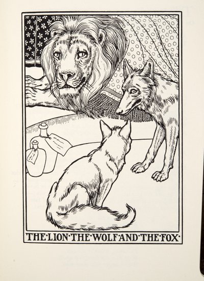 Az oroszlán, a farkas és a róka, a Fontaine Fables-ből, pub. 1905 alkotó: Percy J. Billingshurst