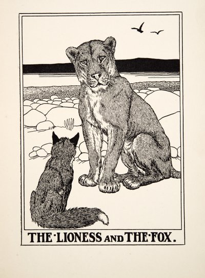 Az oroszlán és a róka, A Hundred Fables of Aesopus, pub.1903 alkotó: Percy J. Billingshurst
