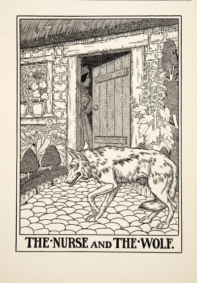 A nővér és a farkas, A Hundred Fables of Aesopus, pub.1903 alkotó: Percy J. Billingshurst