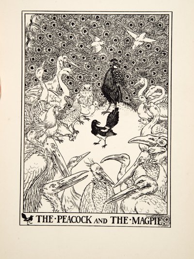 A páva és a szarka, Aiszópus száz meséjéből, pub.1903 (metszet) alkotó: Percy J. Billingshurst