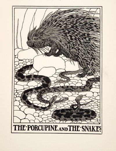 A Porcupine és a kígyók, A Hundred Fables of Aesopus, pub.1903 (metszet) alkotó: Percy J. Billingshurst
