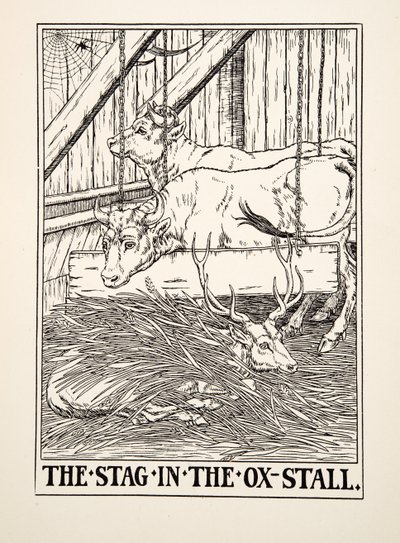 A szarvas az ökör istállójában, A Hundred Fables of Aesop, 1903 (metszet) alkotó: Percy J. Billingshurst