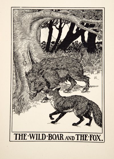 A vaddisznó és a róka, Aiszópus száz meséjéből, pub.1903 (metszet) alkotó: Percy J. Billingshurst