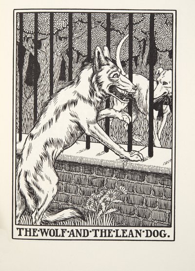 A farkas és a sovány kutya, a Fontaine Fables-ből, kocsma. 1905 (metszet) alkotó: Percy J. Billingshurst