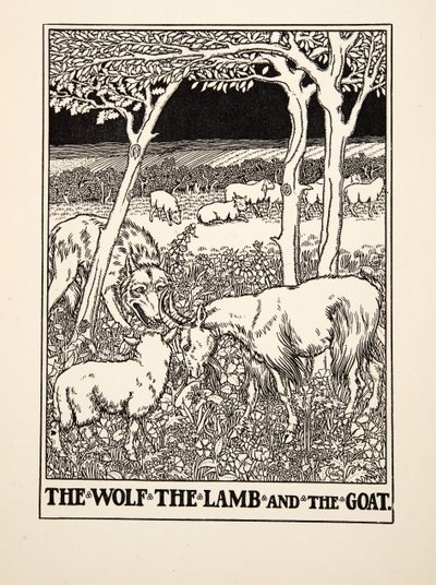 A farkas, a bárány és a kecske, Aiszópus száz meséjéből, pub.1903 (metszet) alkotó: Percy J. Billingshurst