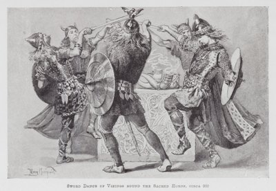 Tánc: Vikingek kardtánca a szent szarvak körül, 900 körül (litho) alkotó: Percy Macquoid