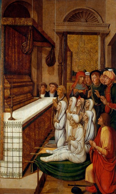 Hat feltámadás devant les reliques de saint Etienne - Hat feltámadás Szent István ereklyéi előtt - Pere (Pedro) Gasco festménye (1502/05-1546) - 1535 körül - Tempera a panelen - 146,7x88,5 d - Museu