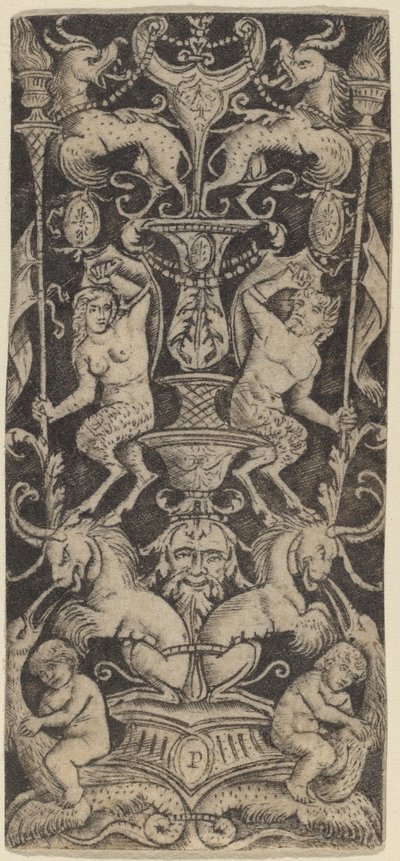 Dísztábla két meztelen gyerekkel szörnyeteg állatokon alkotó: Peregrino da Cesena