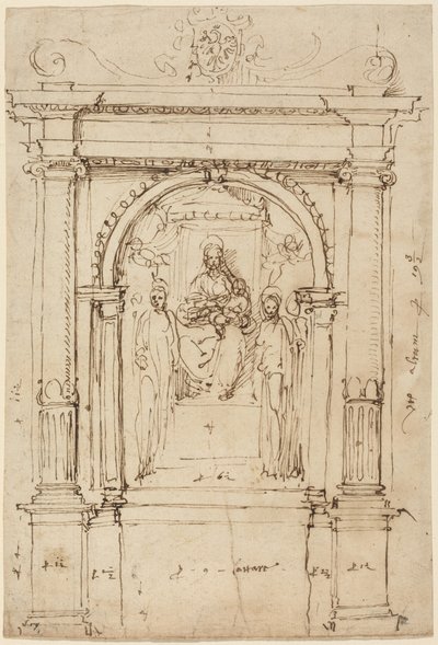A Madonna és gyermeke szentekkel című oltárkép építészeti környezetében alkotó: Perino del (1501-47) Vaga