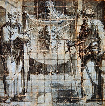 Szent Veronika és SS. Péter és Pál (toll és tus, tus és mosás, papír) alkotó: Perino del Vaga