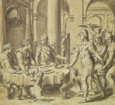 Dido és Aeneas lakomája, minta az Aeneas története sorozatban található kárpithoz, 1532 körül (toll, tinta és mosás papíron) alkotó: Perino del Vaga
