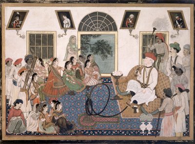 Egy európai, valószínűleg Sir David Ochterlony (1758-1825), indiai ruhában, vízipipát szívott, és nótát néz a házában Delhiben, 1820 körül (tinta és színes papíron) alkotó: Persian School