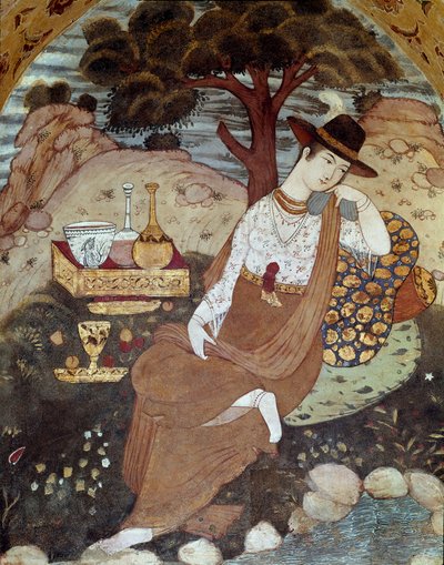 Perzsa hercegnő I. Abbász uralma alatt nyugvó 17. században. Freskó a 40 oszloppalotából (Chehel Sotoun) Iszfahánban (Iszfahán vagy Esfahan, Isfahan), Irán. alkotó: Persian School