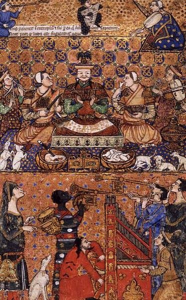 Add hozzá 27696 f.13 A kísérőkkel és zenészekkel trónoló uralkodó, Genovában írva, 14. század végén alkotó: Persian School