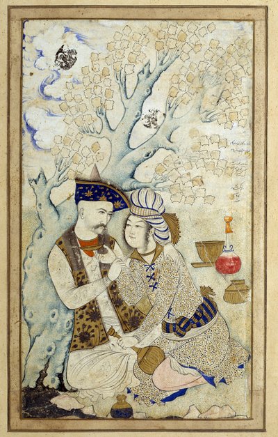 Művészet Iszlám: I. sah Abbász portréja, aki átöleli az egyik oldalát. 1672-es perzsa rajz. Mérete: 0,16 x 0,27 m. Párizs, Musee du Louvre alkotó: Persian School