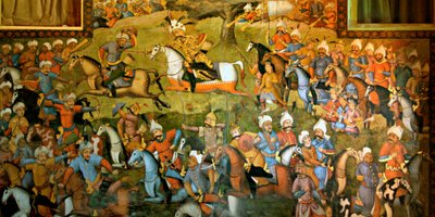 Taher-Abad vagy Merv csata Iszmáil sah győzelmével Muhammad Shaybani Khan felett, fogadóterem, Chehel Sotun, 1647 alkotó: Persian School