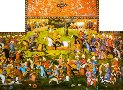 Taher-Abad vagy Merv csata Iszmáil sah győzelmével Muhammad Shaybani Khan felett, fogadóterem, Chehel Sotun, 1647 alkotó: Persian School