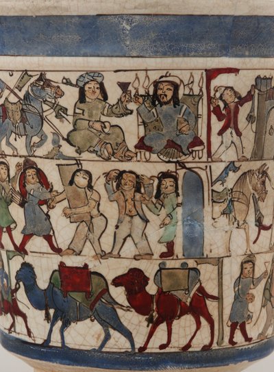 A „Shahnama”, Kashan, Irán, Saljuq-korszakot ábrázoló főzőpohár, 12. század vége (máz alá és máz fölé festett kőpaszta zománccal) alkotó: Persian School