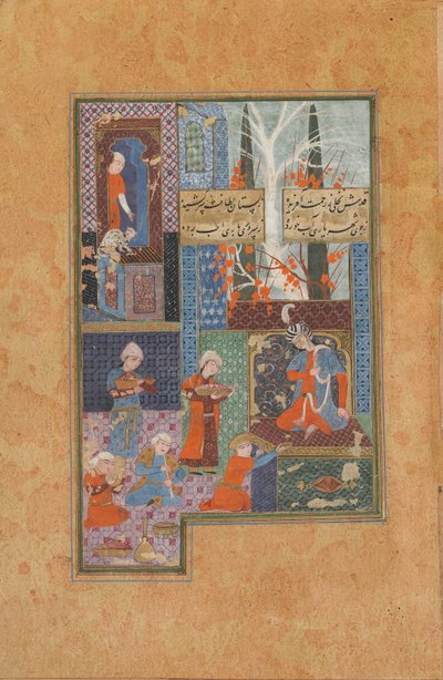 Fólió egy dívánból (összegyűjtött versek) Jamitól († 1492); Herceg és kísérők (átlátszatlan akvarell, tinta és arany papíron) alkotó: Persian School