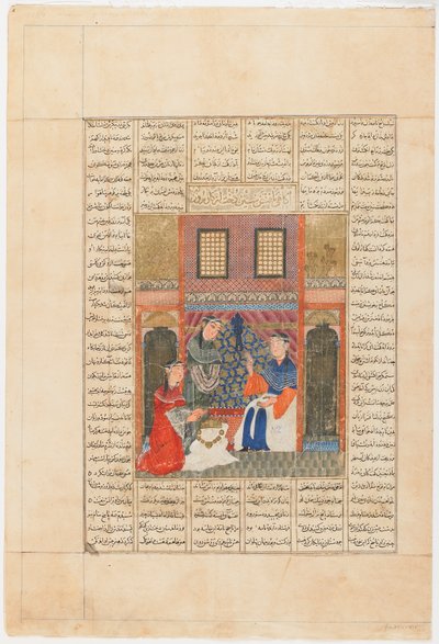 Fólió egy Shahnamából (Királyok könyve) Firdawsitól (megh. 1020); Recto: Sandukht tudomást szerez Rudaba akcióiról, Tabriz, Irán, Il-Khanid időszak, 1330-40 körül (átlátszatlan akvarell, tinta és arany papíron) alkotó: Persian School