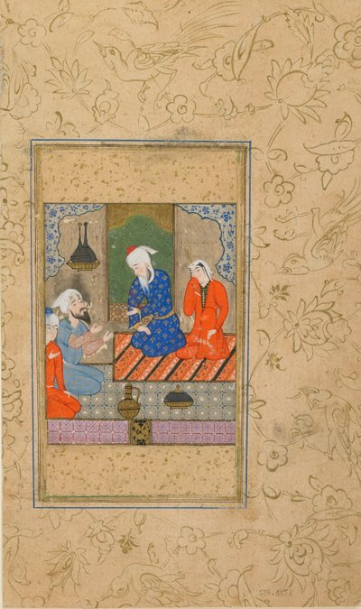 Folio egy Yusuf u Zulaykha-tól, Jamitól (megh. 1492); Zulaykha és egy idős férfi, hallgass meg egy beszélgetést, esetleg Mashhadban, Iránban, 1560-70 körül (átlátszatlan akvarell, tinta és arany a papíron) alkotó: Persian School