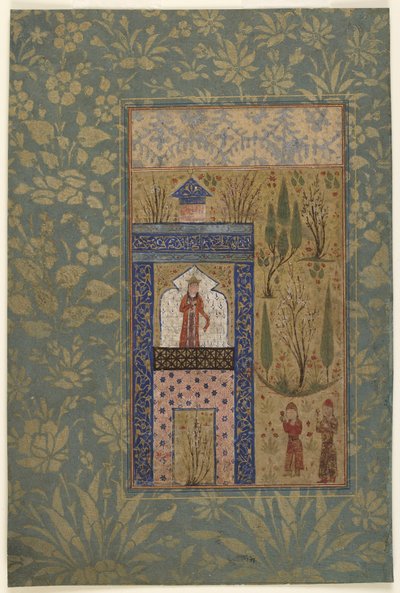 Fólió egy antológiából; Két fiatal egy hercegnő előtt az ablaknál, Irán, 1417-18 (átlátszatlan akvarell és arany papíron) alkotó: Persian School
