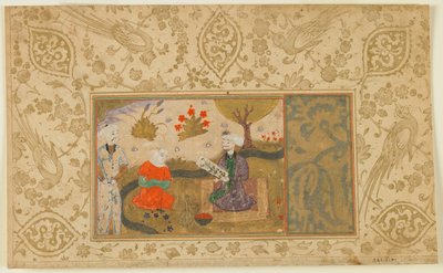 Fólió azonosítatlan szövegből; Egy nő beszélget egy ülő férfival a patak mellett, Irán, 1500 körül (átlátszatlan akvarell, tus és arany papíron) alkotó: Persian School