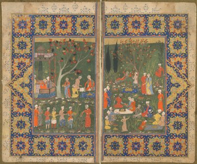Fólió azonosítatlan szövegből; verso: Buli a kertben, Shiraz, Irán, 1570 körül (átlátszatlan akvarell, tus és arany papíron) alkotó: Persian School