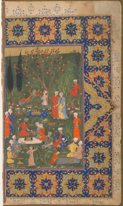 Fólió azonosítatlan szövegből; verso: Buli a kertben, Shiraz, Irán, 1570 körül (átlátszatlan akvarell, tus és arany papíron) alkotó: Persian School