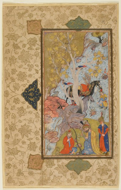 Iskandar meglátogat egy remetét, Shiraz, Irán, 1580-1600 körül (átlátszatlan akvarell, tinta és arany papíron) alkotó: Persian School