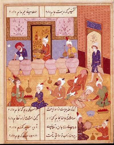 Iszlám művészet: „” bankett zenészekkel”” Miniatűr Hafez (Hafiz Shirazi) perzsa költő verseit illusztrálva, perzsa kézirat. 1554 San Lorenzo de El Escorial, El Escorial kolostor Királyi Könyvtára, Madrid alkotó: Persian School