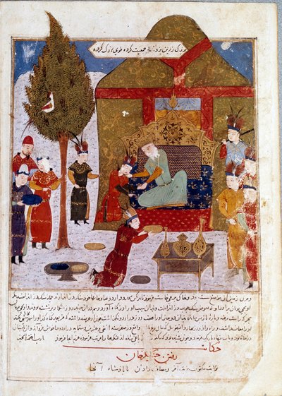 Dzsingisz kán mongol császár (1167-1227) a trónján egy Ilmil melletti táborban unokáival, Quibalaival és Hule Gu-val A perzsa miniatűr, amelyet Dzsami al-Tawarikhból (Dzsami al-Tawarikh) (A Mongol Birodalom története) vett át Rasid al-Din ( al Din) (B.1247 alkotó: Persian School