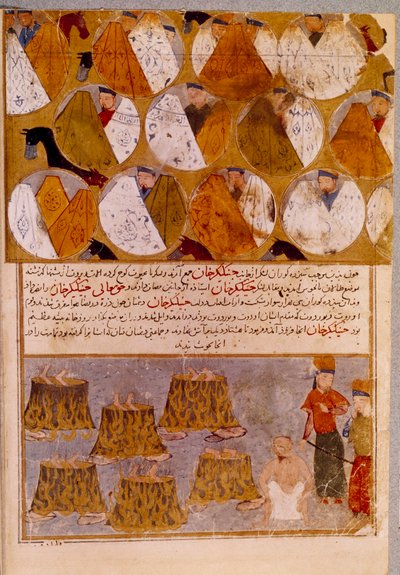 Dzsingisz kán (1162-1227) mongol sátrai és foglyai: Dzsingisz kán Djamuqua, a Jadjirat törzs egyik mongoljának követőit az üstökbe dobja. Perzsa miniatúra a „” Jami al-tawarikh”” (Jami al tawarikh) vagy az „” Egyetemes történelem”-ből alkotó: Persian School