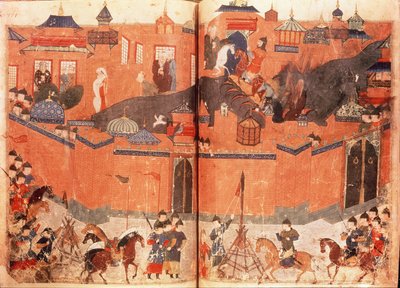 Ms.Sup.Pers.1113.f.180v-181 Mongols under the leadership of Hulagu Khan storming and capturing Baghdad in 1258, from a book by Rashid al-Din (1247-1318) (vellum) alkotó: Persian School