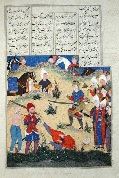 Ms D-184 fol.208b Megtörténik Afrasiab álmának lefejezése, illusztráció a „Shahnama”-ból (Királyok könyvéből), Abu