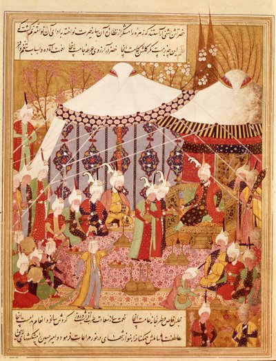 Or.1359 fol. 35 kontra Bayazid szultán Timur elfogta, 1402 a Zafarnama 1533-ból (tinta pergamen) alkotó: Persian School