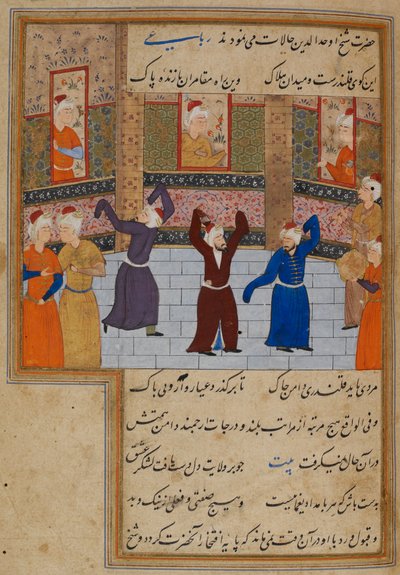 Vagy. 11837, f.152 Muhammad Tabadkani († 1486) dervisekkel táncol, illusztráció a „Majalis al-