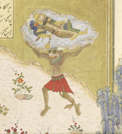 Perzsa 239 fol.165b Részlet: A div Akvan felemeli az alvó Rusztamot, illusztráció a Shahnama-ból (Királyok könyvéből), Abul-Qasim Mansur Firdawsi (kb. 934-kb. 1020), 1444 alkotó: Persian School