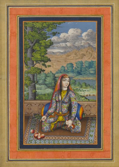 Egy perzsa hölgy portréja, Folio a Davis-albumból, 1736-37 körül (tinta, átlátszatlan akvarell és arany papíron) alkotó: Persian School