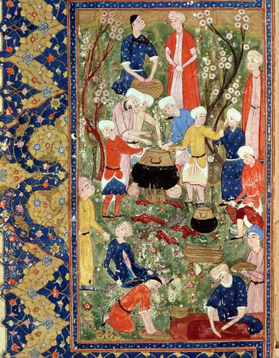 Étkezés készítése, illusztráció Hafiz Shirazi, Safavid epikus költeményéből alkotó: Persian School