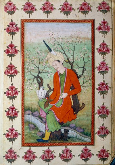 Herceg pihen, miközben vadászik egy sólymával. perzsa miniatűr alkotó: Persian School