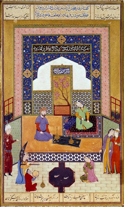 Shirin hercegnő (Chirin) fogadja Farhadot perzsa miniatűr kastélyában, amely Nizami „Khamsa” (Öt vers) (1141-1209) című epizódját illusztrálja, 16. századi párizsi Louvre múzeum alkotó: Persian School