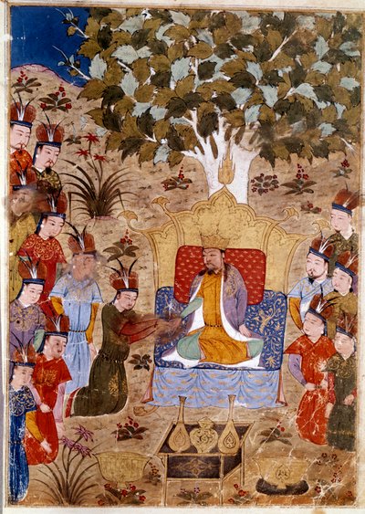 Csaghtai kán (1227-1242) ábrázolása a trónján, ő Dzsingisz kán fia lóháton. Dzsami al-Tawarikhtól vett perzsa miniatűr” (Dzsami al-Tawarikh) vagy „”Univerzális történelem””, Rashid al-din (al din) történész (1247-1318) 1430 körül. alkotó: Persian School