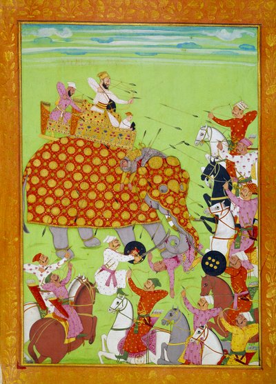 Murad (Mourad) Baksh (1624-1661), Shah Jehan mogul császár fia (vagy Shah Jehan, Shahjehan) egy elefánton harcoló ábrázolása. Perzsa miniatűr a 17. századi Párizsról, B.N. alkotó: Persian School