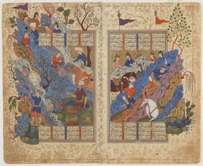 Rusztam visszarúgja a sziklát, amelyet Bahman hengerelt rá egy Shahnamából (Királyok könyve), 1590-1600 körül (tinta, átlátszatlan akvarell és arany papíron) alkotó: Persian School